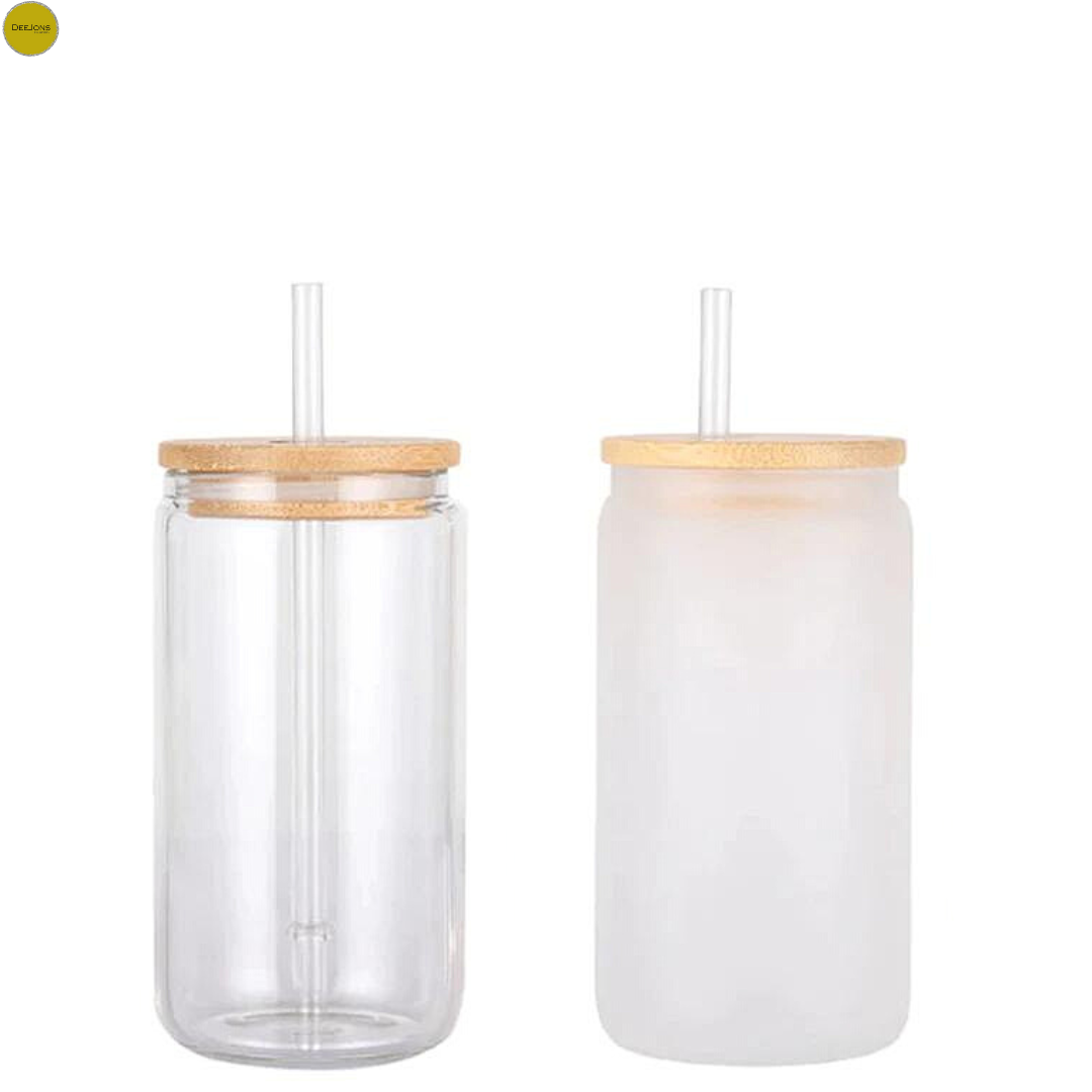 Frosted Glass Can with Bamboo Lid and Glass Straw Sublimation Can - 16 –  Fountain of Blanks