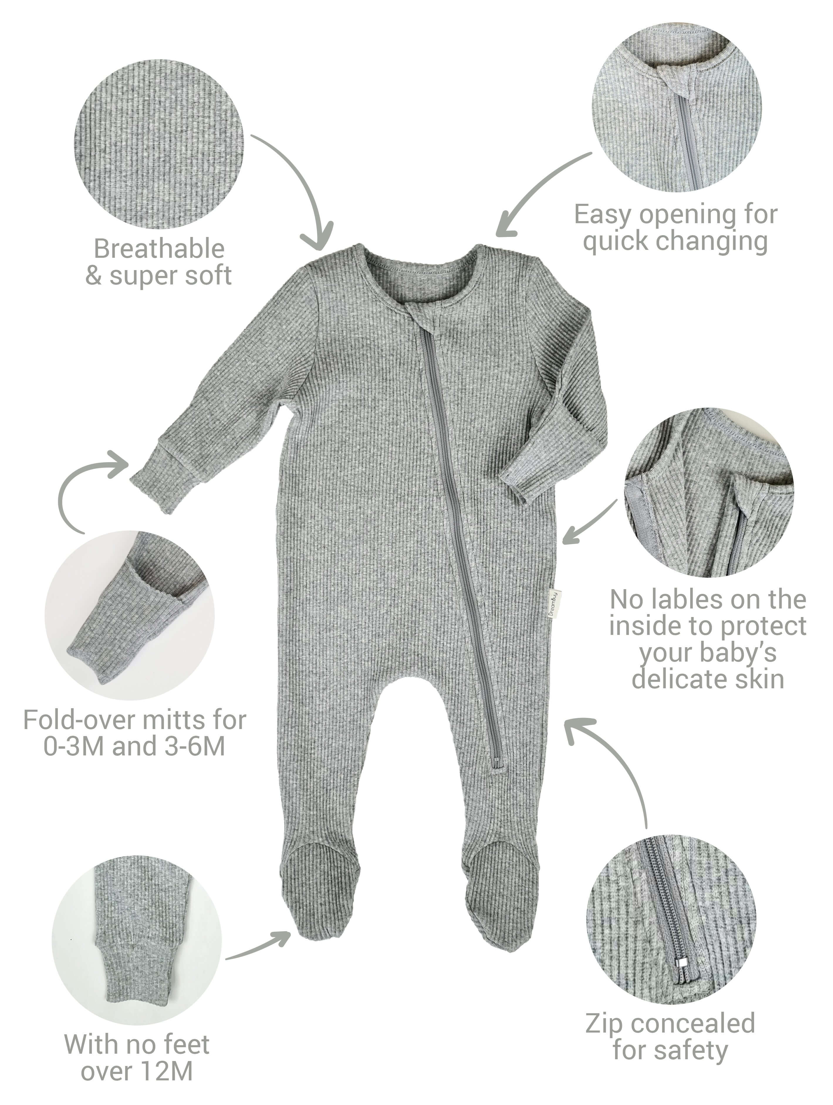 White Zip Sleepsuit Ribbed Romper Babygrow 0-3Y Unisex DreamBuy